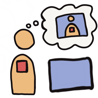 An emoji yellow person with a red square on their chest is next to a blue rectangle, and has a thought bubble coming from their head showing a blue rectangle with an emoji yellow person with a red square on their chest in it.